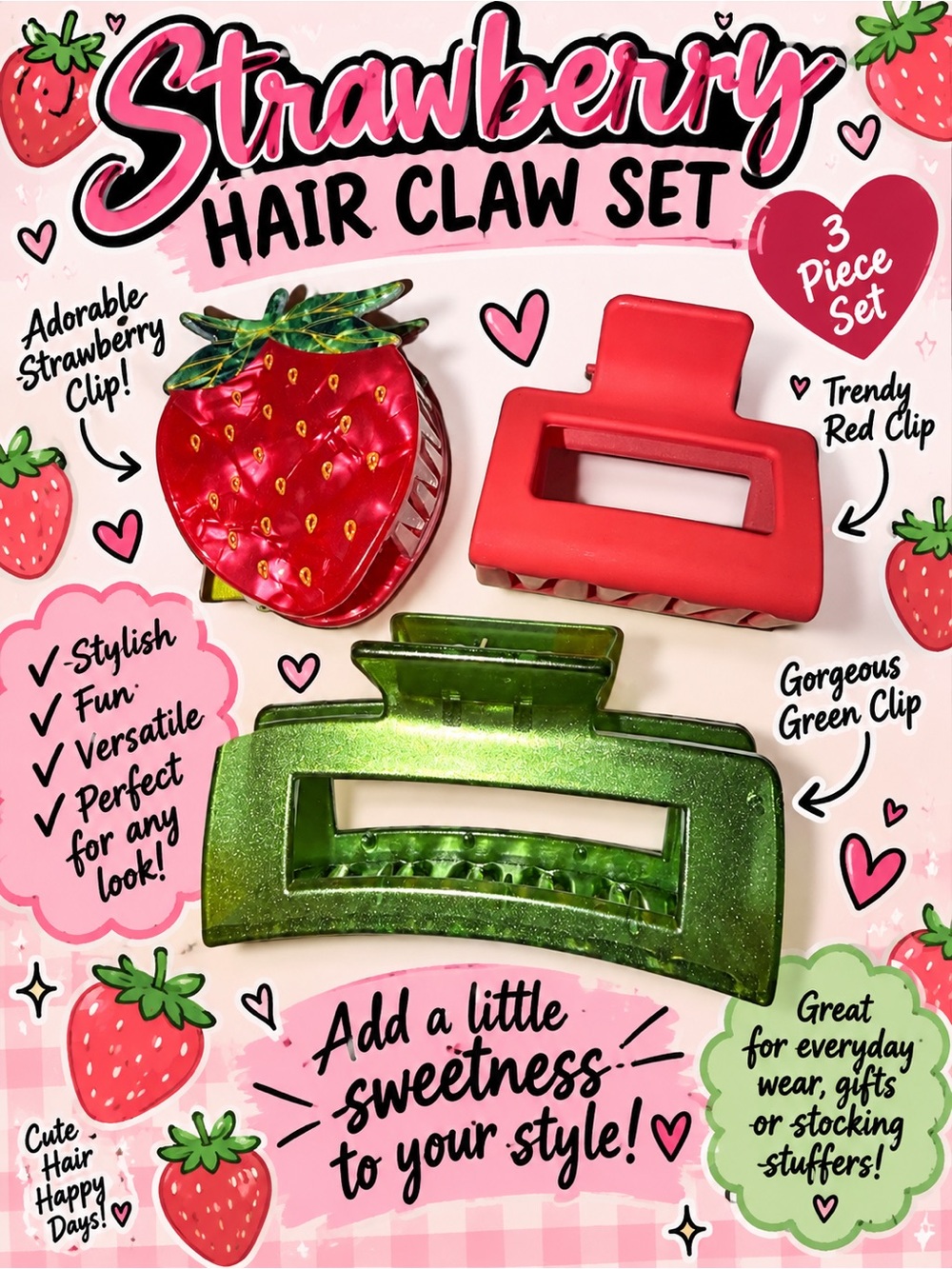Strawberry 3-Piece Hair Claw Set